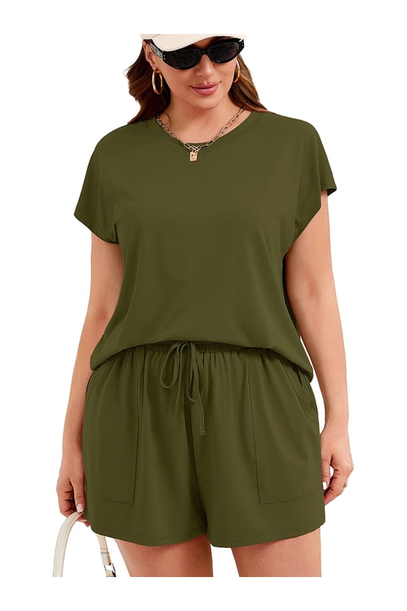 Plus Size Loungewear for Women 2 Piece Sets - Comfortable Summer Shorts Set with Pockets for Travel & Errands, Army Green 3X