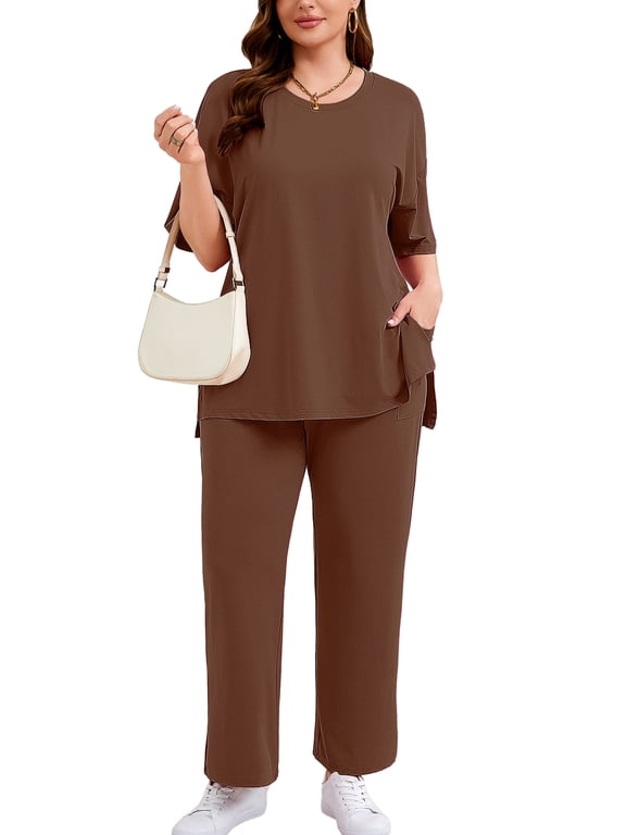 Plus Size 2 Piece Matching Sets with Pockets High Low Tunic Top Wide Leg Pants Casual Summer Outfits Cocoa Brown 3X