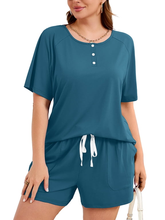 Plus Size Short Sets for Women, 2 Piece Summer Henley Top and Drawstring Shorts with Pockets, Indigo Blue