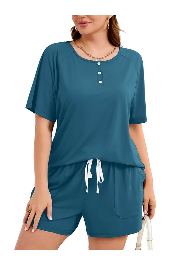 Plus Size Vacation Outfits for Women Summer Beach Travel Clothes 2 Piece Short Sets Indigo Blue 1X