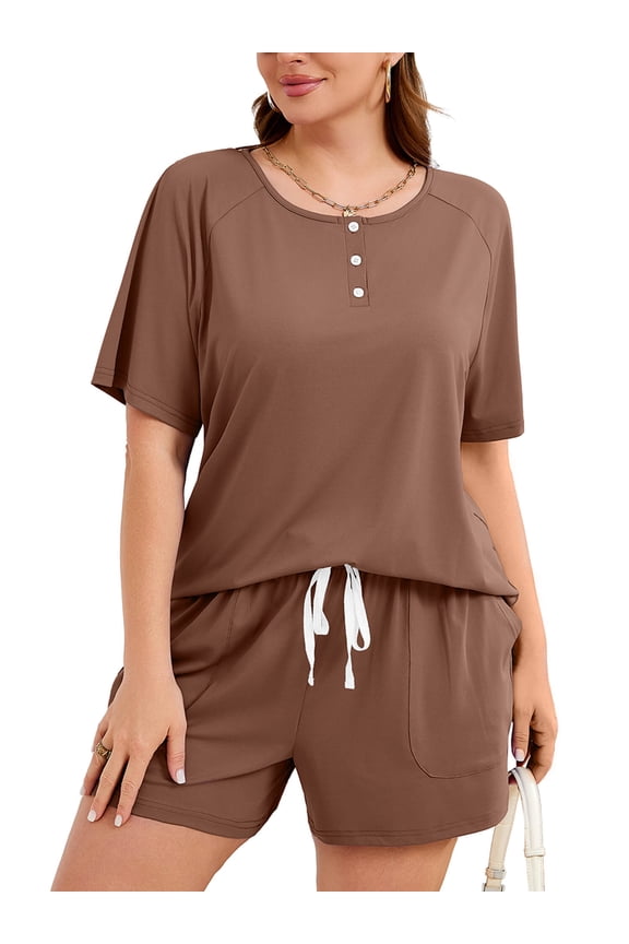 Soft Plus Size Loungewear for Women 2 Piece Sleepwear Sets Casual Pajama Shorts Set Cocoa Brown 3X