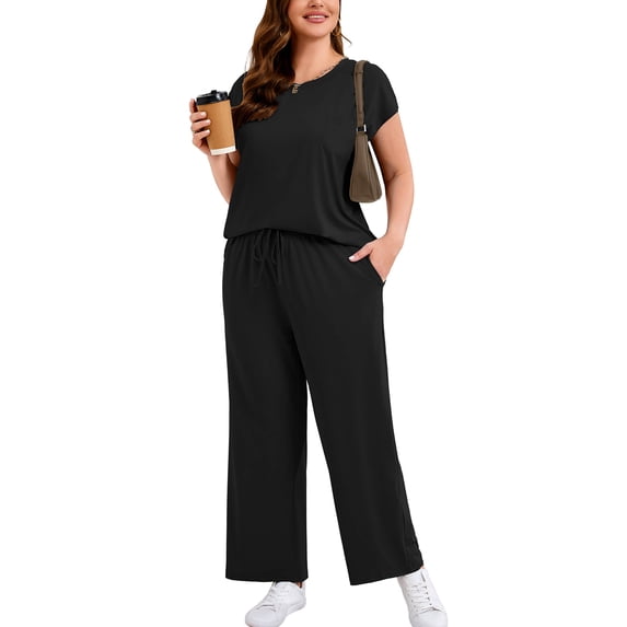 SHOWMALL Women's Plus Size Travel Outfits 2 Piece Matching Sets Short Sleeve Top & Wide Leg Pants Soft Lounge Wear - Black 4X