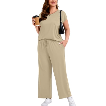 SHOWMALL Plus Size Summer Outfits for Women Two Piece Set Casual Loose Fit Short Sleeve Shirt & Wide Leg Pants Vacation Clothes - Light Khaki 3X