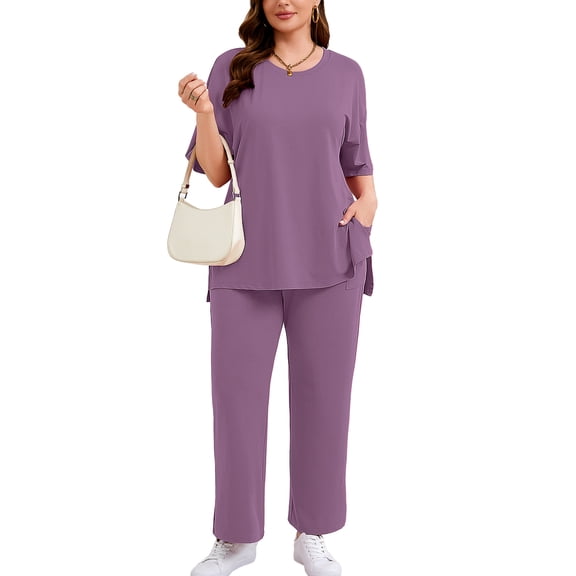 SHOWMALL Plus Size Postpartum Lounge Set for Women Loose Fit Maternity 2 Piece Outfits with Pockets High Low Purple Gray 2X