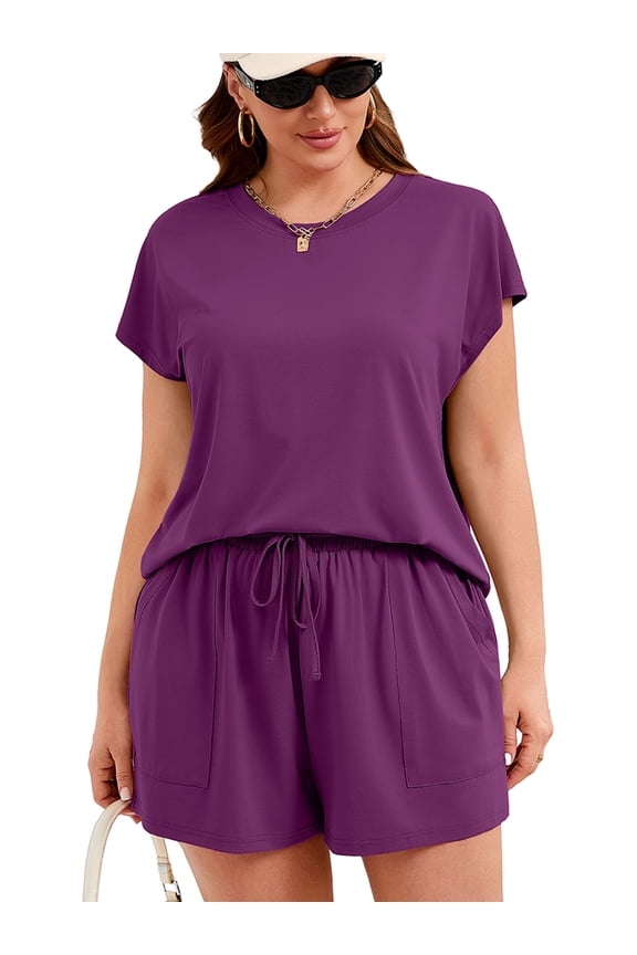 Cute Plus Size Matching Sets for Women Summer Outfit Sets- Trendy 2 Piece Lounge Wear Sleeveless Muscle Tee & Shorts Outfit, Purple 3X