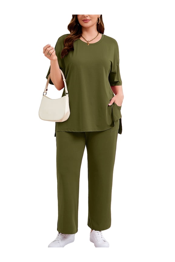 Women's Plus Size Pajama Sets Buttery Soft Sleepwear 2 Piece Short Sleeve Top & Wide Leg Pants PJs Army Green 3X