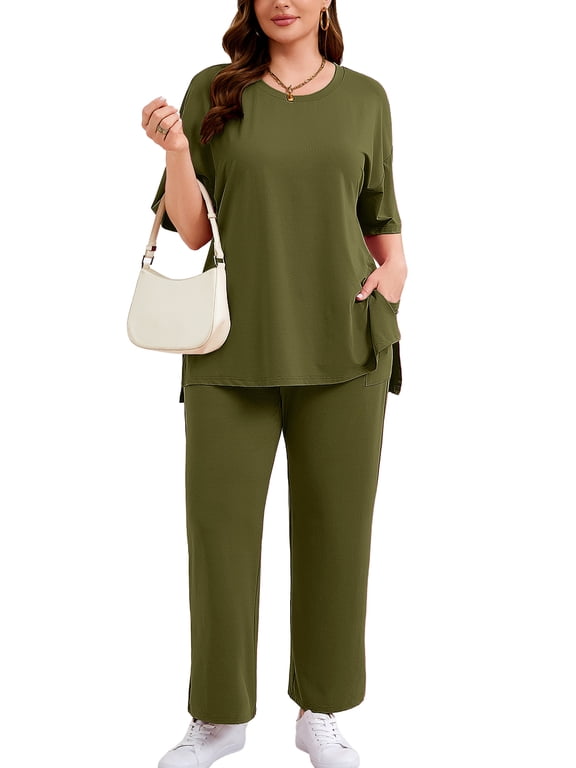Women's Plus Size Pajama Sets Buttery Soft Sleepwear 2 Piece Short Sleeve Top & Wide Leg Pants PJs Army Green 3X