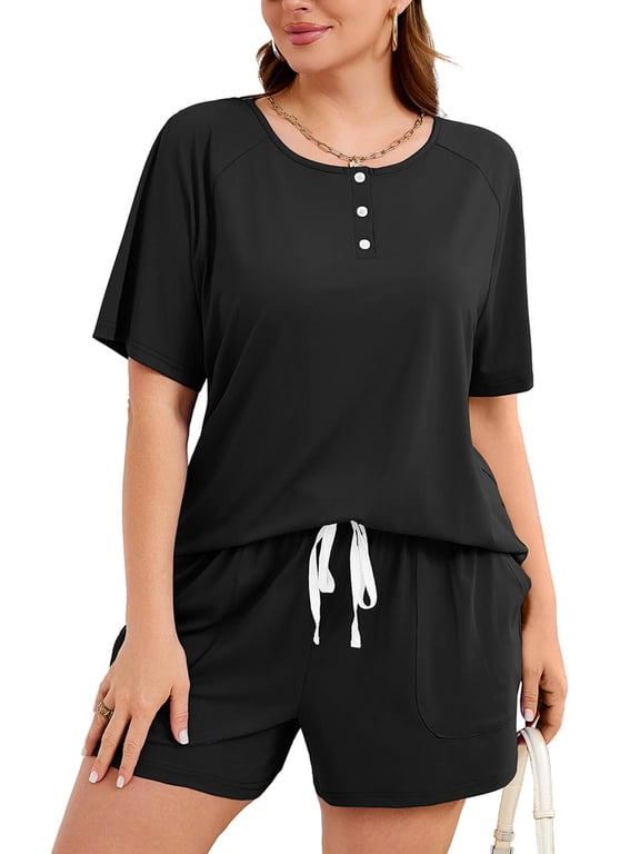 Plus Size Sets for Women, 2 Piece Outfits with Short Sleeve Henley Top, Drawstring Shorts and Pockets, Black