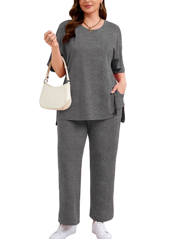 Plus Size Matching Sets for Women 2 Piece Leisure Outfits Short Sleeve Lounge Wear with Pockets Heather Gray 3X