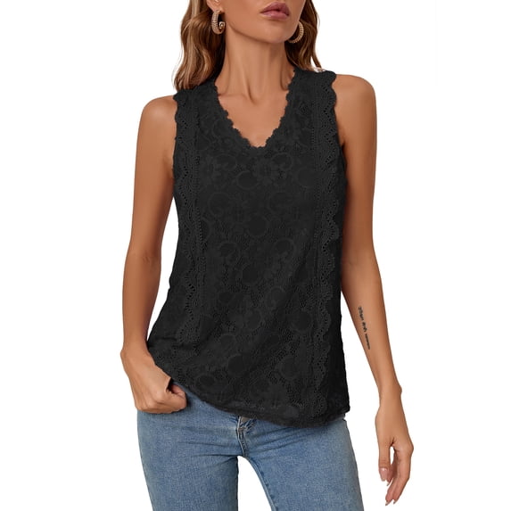SHOWMALL Women's Tank Tops Casual Lace Trim Embroidered Hollow Out Full Liner V Neck Summer Sleeveless Shirts, Black, Size Large