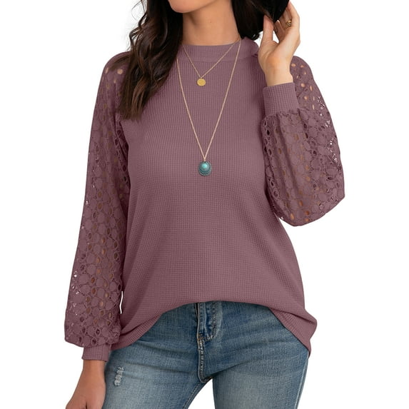 SHOWMALL Women's Trendy Waffle Knit Blouse Puff Long Sleeve Hollow-Out Lace Tops Casual Loose T Shirts, US Size 2XL, Rust Red