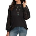 thumbnail image 1 of SHOWMALL Women's Trendy Waffle Knit Blouse Puff Long Sleeve Hollow-Out Lace Tops Casual Loose T Shirts, US Size Large, Black, 1 of 8
