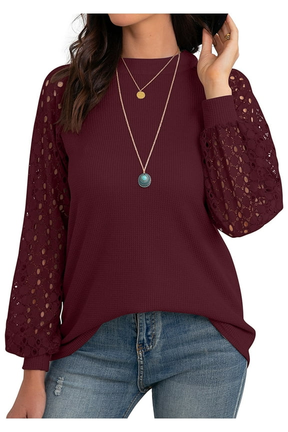 Women's Trendy Waffle Knit Blouse Puff Long Sleeve Hollow-Out Lace Tops Casual Loose T Shirts, US Size Medium, Wine Red