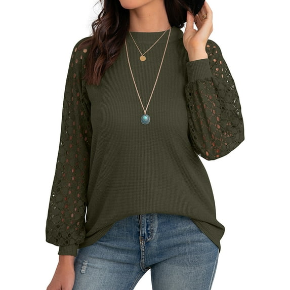 SHOWMALL Women's Trendy Waffle Knit Blouse Puff Long Sleeve Hollow-Out Lace Tops Casual Loose T Shirts, US Size Small, Army Green