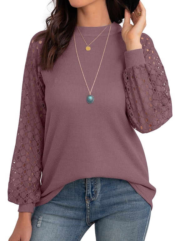 Women's Trendy Waffle Knit Blouse Puff Long Sleeve Hollow-Out Lace Tops Casual Loose T Shirts, US Size Small, Rust Red