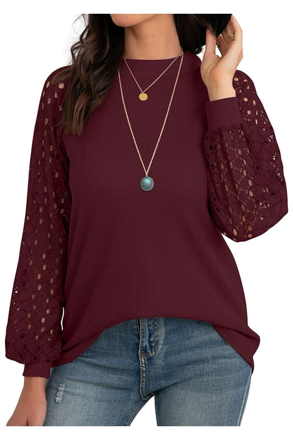Women's Trendy Waffle Knit Blouse Puff Long Sleeve Hollow-Out Lace Tops Casual Loose T Shirts, US Size XL, Wine Red