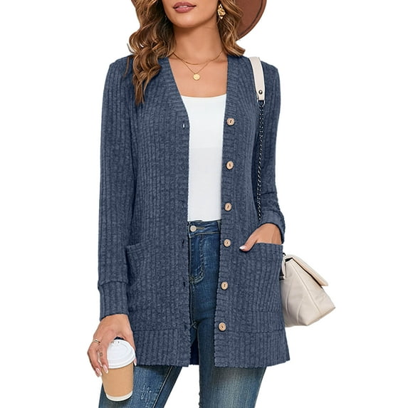 SHOWMALL Women's V-Neck Cardigan, Soft Brushed Ribbed Knit, Navy Blue S Long Sleeve Button Down Sweater with Pockets, Casual Business, Travel Ready