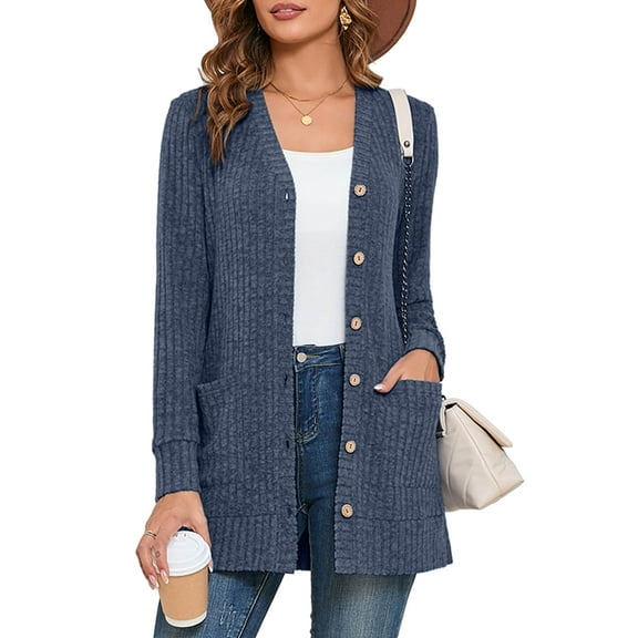 SHOWMALL Women's V-Neck Cardigan, Soft Brushed Ribbed Knit, Navy Blue XL Long Sleeve Button Down Sweater with Pockets, Casual Business, Travel Ready