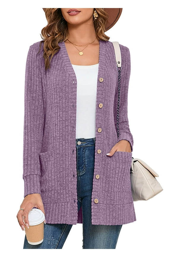Women's V-Neck Cardigan, Soft Brushed Ribbed Knit, Purple 2XL Long Sleeve Button Down Sweater with Pockets, Casual Business, Travel Ready