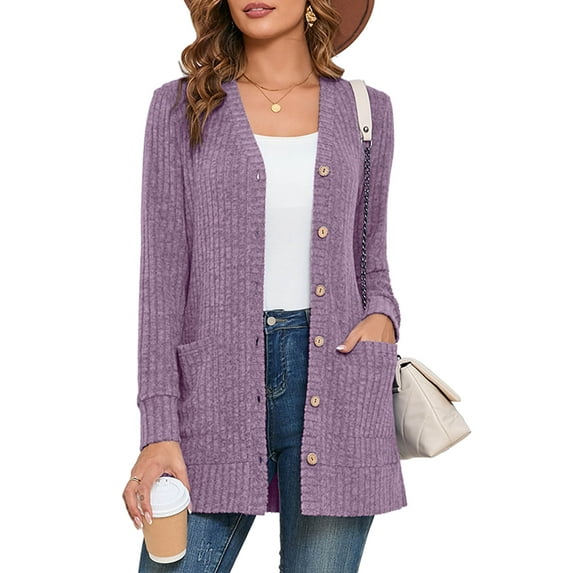 SHOWMALL Women's V-Neck Cardigan, Soft Brushed Ribbed Knit, Purple L Long Sleeve Button Down Sweater with Pockets, Casual Business, Travel Ready