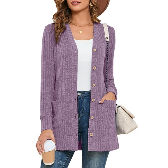 SHOWMALL Women's V-Neck Cardigan, Soft Brushed Ribbed Knit, Purple M Long Sleeve Button Down Sweater with Pockets, Casual Business, Travel Ready