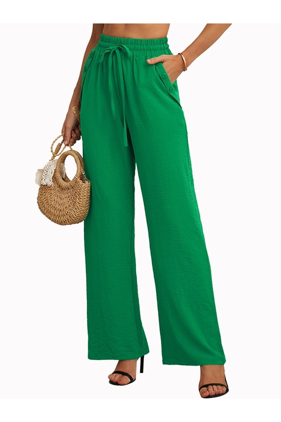 Women's Wide Leg Pants Drawstring Waist Pants Green 2XL Casual Long Trousers with Slant Pockets