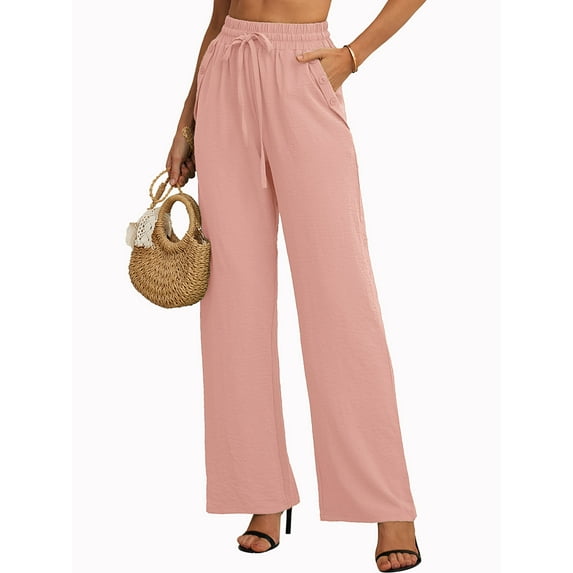 SHOWMALL Women's Wide Leg Pants Drawstring Waist Pants Pink 2XL Casual Long Trousers with Slant Pockets