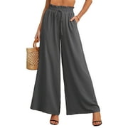 SHOWMALL Women's Wide Leg Pants Palazzo Pants Gray M Drawstring Waist Loose Trousers with Pockets