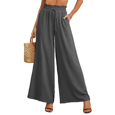 SHOWMALL Women's Wide Leg Pants Palazzo Pants Gray M Drawstring Waist Loose Trousers with Pockets