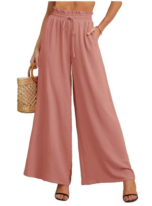 SHOWMALL Women's Wide Leg Pants Palazzo Pants Pink M Drawstring Waist Loose Trousers with Pockets