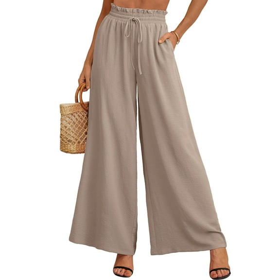 SHOWMALL Women's Wide Leg Pants Palazzo Pants Wheat XL Drawstring Waist Loose Trousers with Pockets
