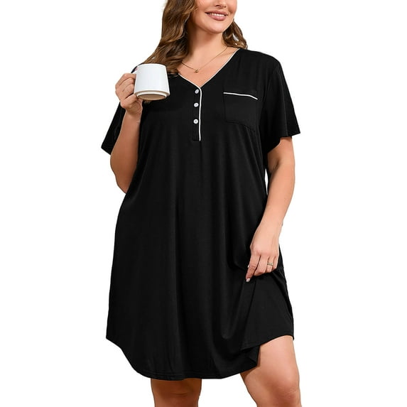 SHOWMALL Womens Nightgown Sleep Shirt Dress V Neck Short Sleeve Sleepwear Dress, US Size 2X in Black