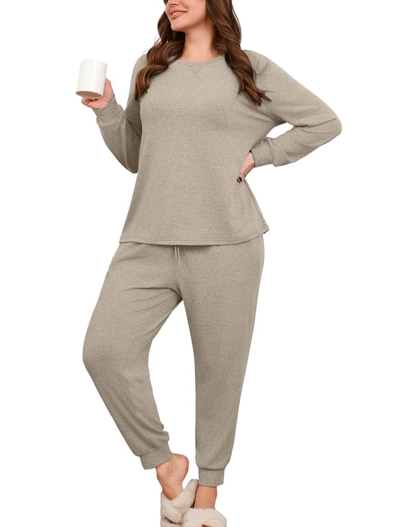 Women's Plus Size 2 Piece Lounge Set Long Sleeve Top and Drawstring Jogger Pants Sweatsuit with Pockets