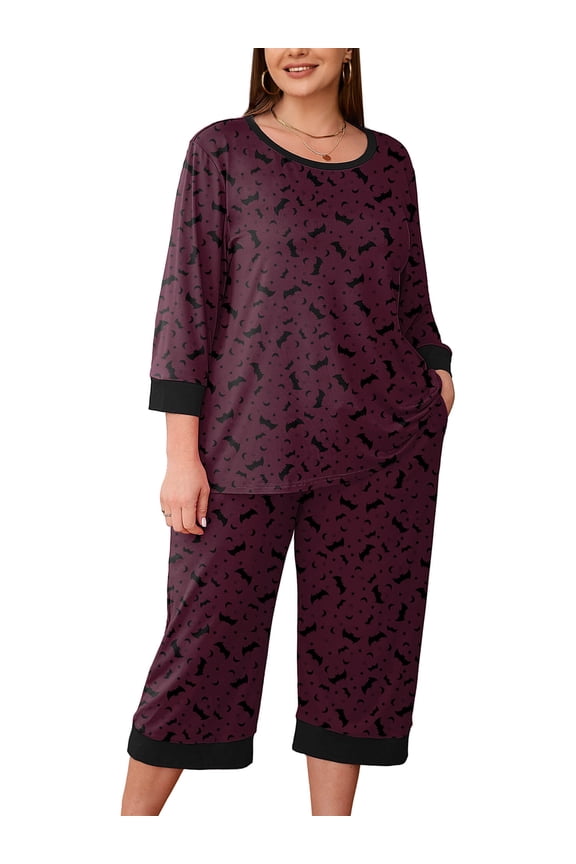 Womens Plus 2 Piece PJS Soft Sleepwear 3/4 Sleeve Top and Waisted Adjustable Capri Pants with Pockets
