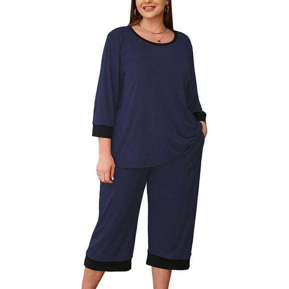 SHOWMALL Womens Plus 2 Piece PJS Soft Sleepwear 3/4 Sleeve Top and Waisted Adjustable Capri Pants with Pockets