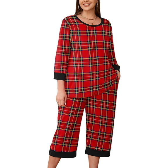 SHOWMALL Womens Plus 2 Piece PJS Soft Sleepwear 3/4 Sleeve Top and Waisted Adjustable Capri Pants with Pockets