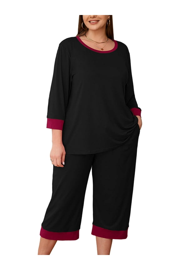 Womens Plus 2 Piece PJS Soft Sleepwear 3/4 Sleeve Top and Waisted Adjustable Capri Pants with Pockets