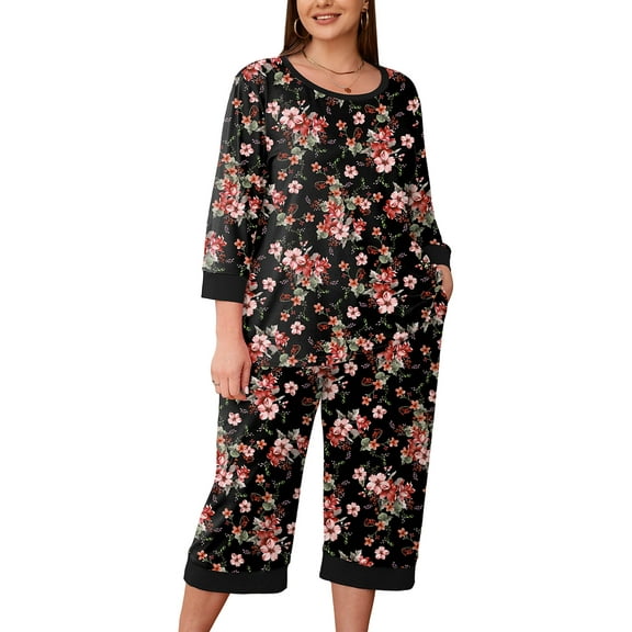 SHOWMALL Womens Plus 2 Piece PJS Soft Sleepwear 3/4 Sleeve Top and Waisted Adjustable Capri Pants with Pockets