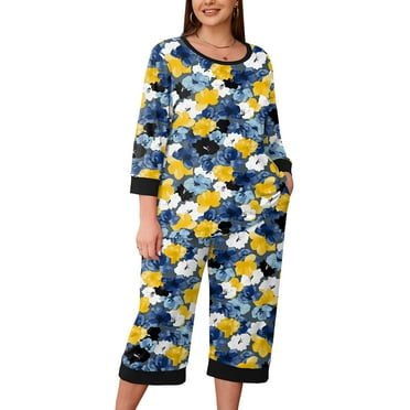 SHOWMALL Womens Plus 2 Piece PJS Soft Sleepwear 3/4 Sleeve Top and Waisted Adjustable Capri Pants with Pockets