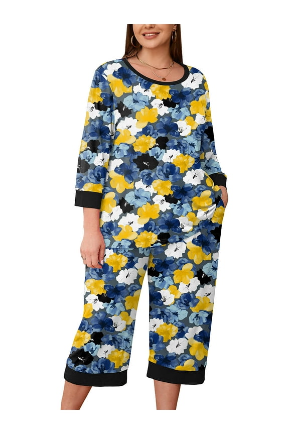 Womens Plus 2 Piece PJS Soft Sleepwear 3/4 Sleeve Top and Waisted Adjustable Capri Pants with Pockets