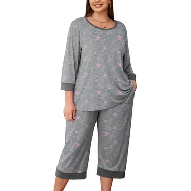 SHOWMALL Womens Plus 2 Piece PJS Soft Sleepwear 3/4 Sleeve Top and Waisted Adjustable Capri Pants with Pockets