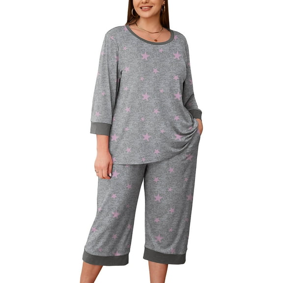 SHOWMALL Womens Plus 2 Piece PJS Soft Sleepwear 3/4 Sleeve Top and Waisted Adjustable Capri Pants with Pockets