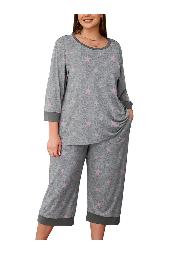 Womens Plus 2 Piece PJS Soft Sleepwear 3/4 Sleeve Top and Waisted Adjustable Capri Pants with Pockets