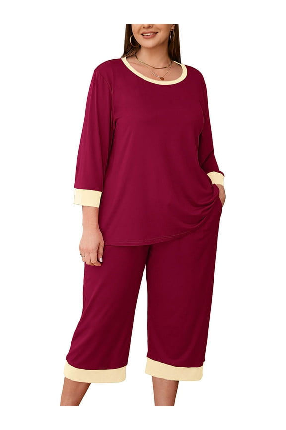 Womens Plus 2 Piece PJS Soft Sleepwear 3/4 Sleeve Top and Waisted Adjustable Capri Pants with Pockets