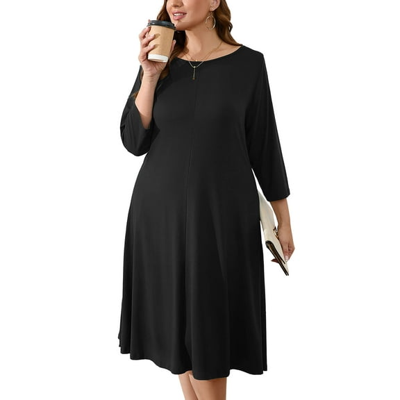 SHOWMALL Womens Plus Black Dresses Black 1X Casual Dress 3/4 Sleeves Midi Dress Boat Neck Flowy Dress with Pockets