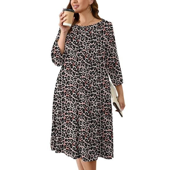 SHOWMALL Womens Plus Black Dresses Fancy Peachy Leopard 3X Casual Dress 3/4 Sleeves Midi Dress Boat Neck Flowy Dress with Pockets