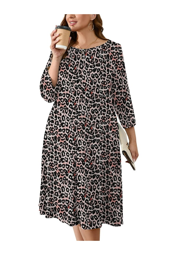 Womens Plus Black Dresses Fancy Peachy Leopard 3X Casual Dress 3/4 Sleeves Midi Dress Boat Neck Flowy Dress with Pockets