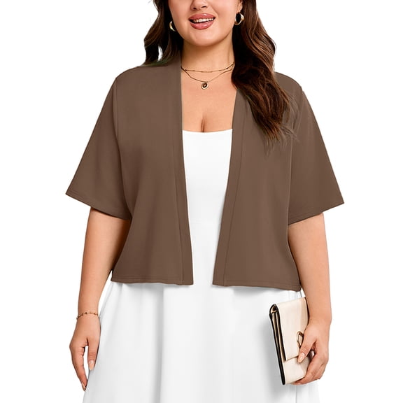 SHOWMALL Womens Plus Cropped Cardigan Open Front Shrug for Dresses Lightweight Bolero for Summer Coffee 3X