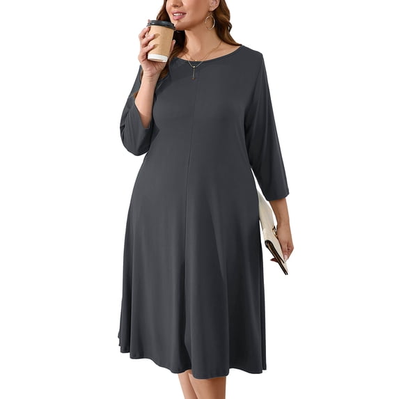 SHOWMALL Womens Plus Floral Dresses Dark Gray 2X Casual Dress 3/4 Sleeves Midi Dress Boat Neck Flowy Dress with Pockets