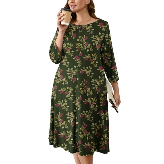 SHOWMALL Womens Plus Floral Dresses Yellow Leaves Rose 3X Casual Dress 3/4 Sleeves Midi Dress Boat Neck Flowy Dress with Pockets